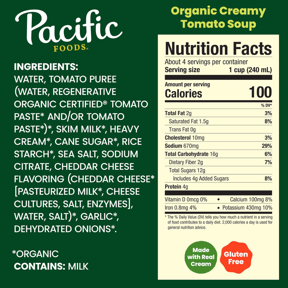 Ingredients close-up of Pacific Foods Creamy Tomato Soup showing tomatoes and cream.