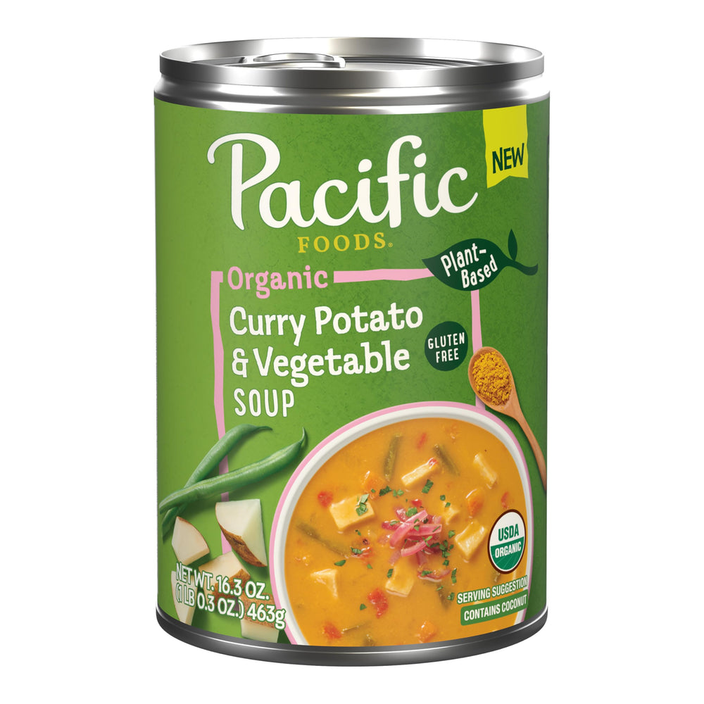 Pacific Foods Organic Curry Potato and Vegetable Soup can front view for quick meals.