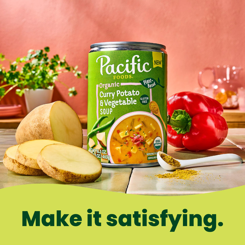 Pacific Foods Organic Curry Potato and Vegetable Soup ingredients back shows veggies.