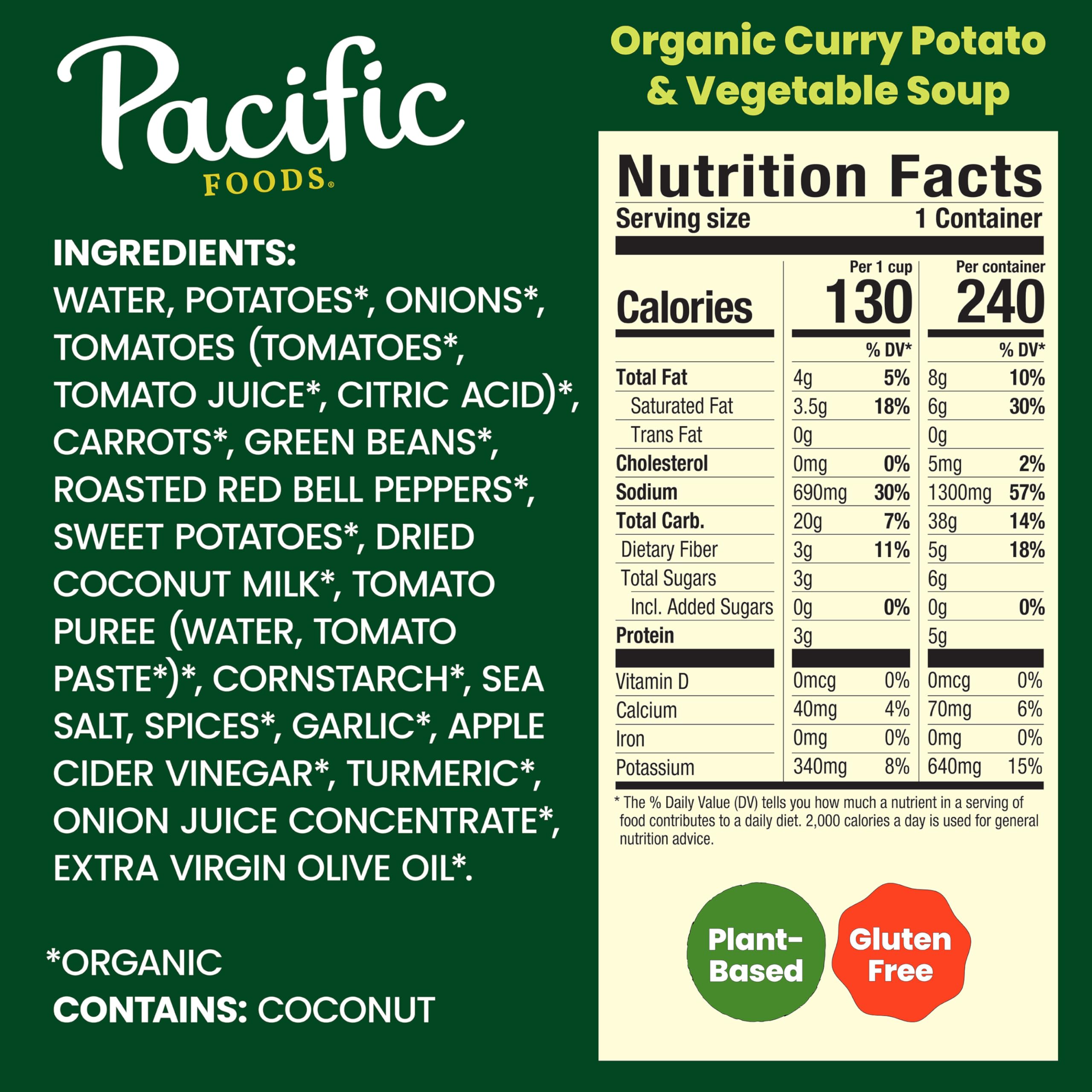Pacific Foods Organic Curry Potato and Vegetable Soup label close-up highlighting organic ingredients.