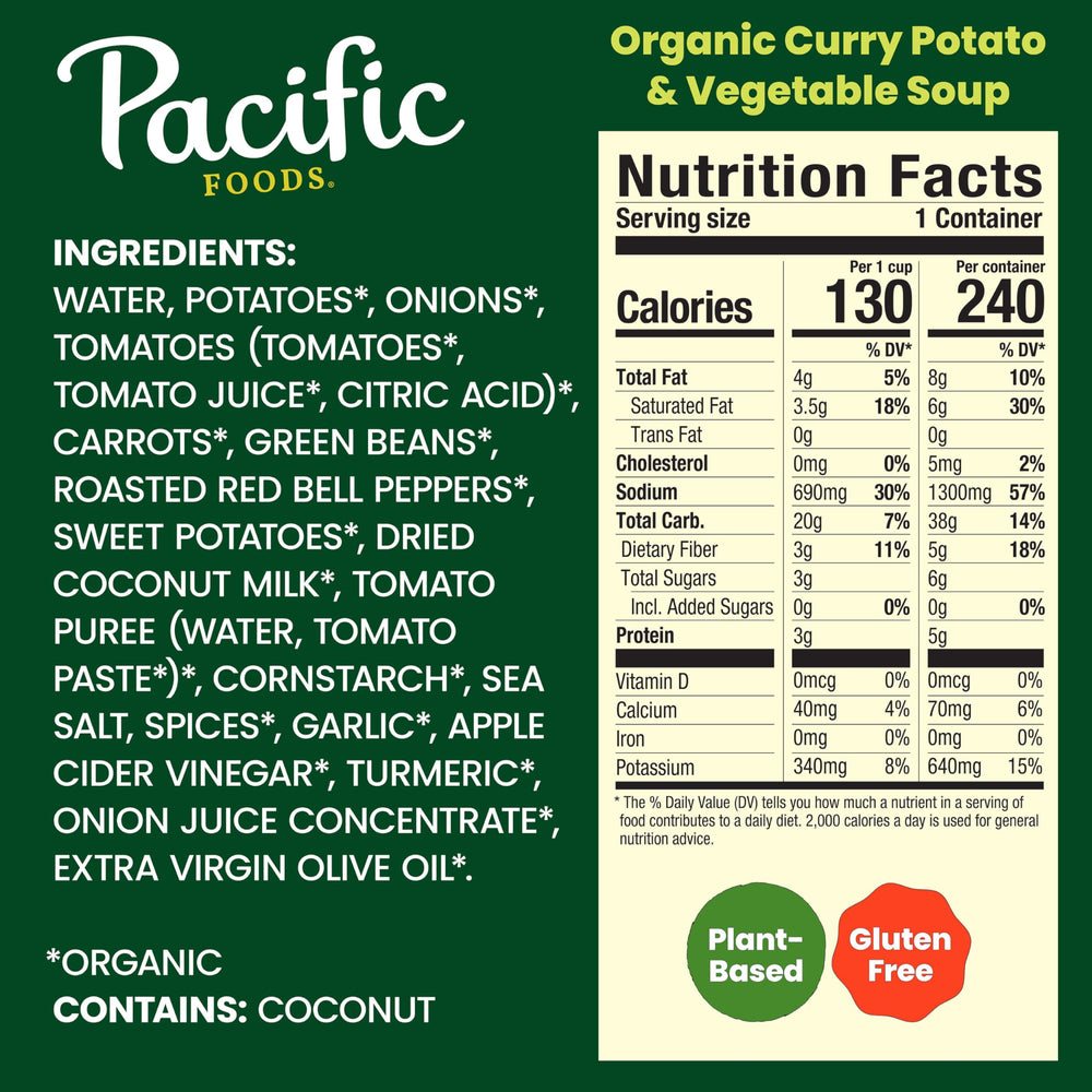 Pacific Foods Organic Curry Potato and Vegetable Soup label close-up highlighting organic ingredients.