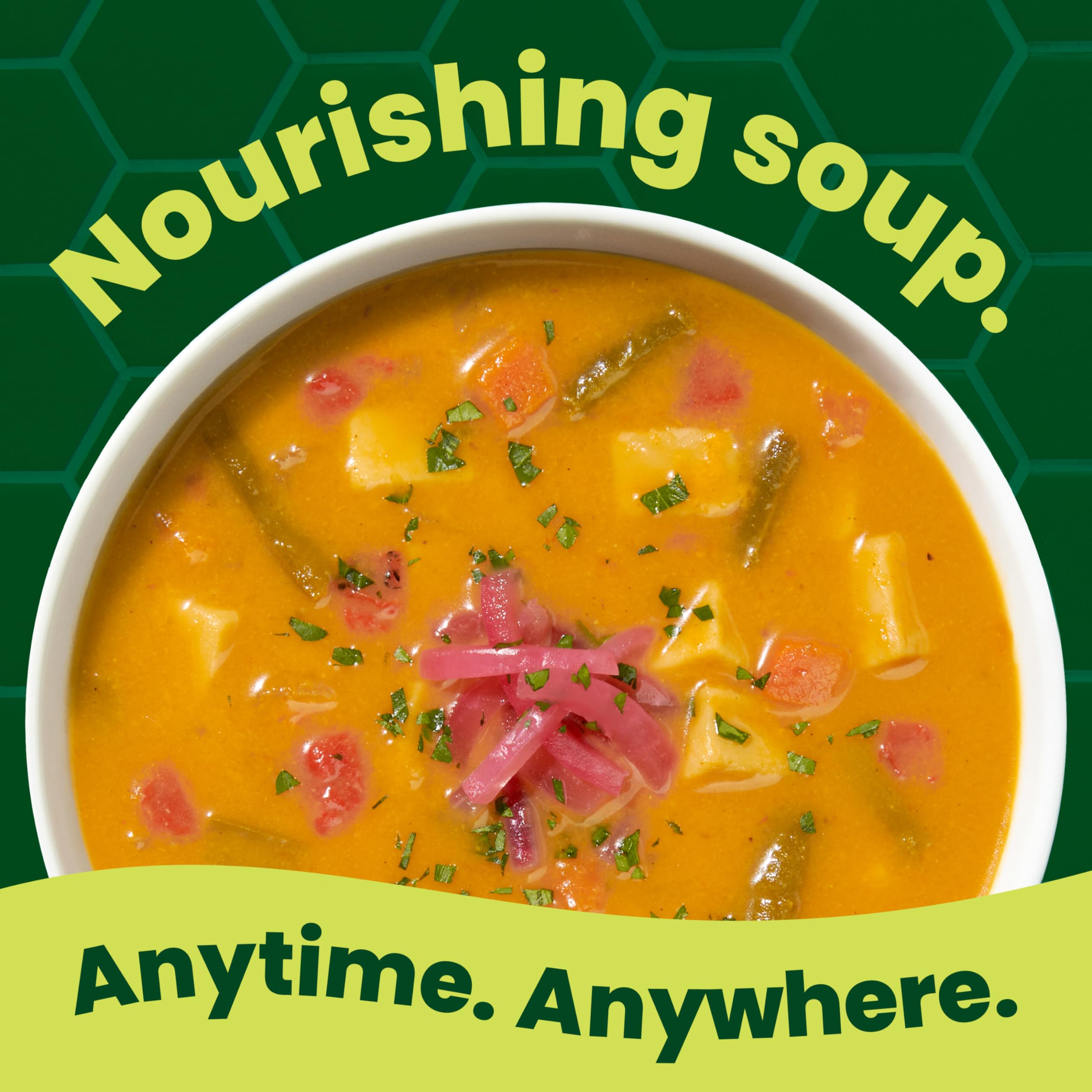 Pacific Foods Organic Curry Potato and Vegetable Soup steaming bowl ready for a comforting lunch.