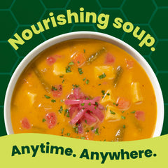 Pacific Foods Organic Curry Potato and Vegetable Soup steaming bowl ready for a comforting lunch.