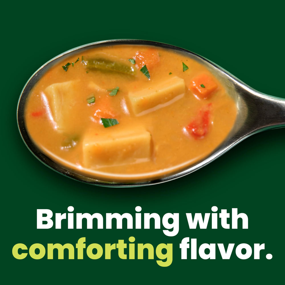 Pacific Foods Organic Curry Potato and Vegetable Soup store shelf display.