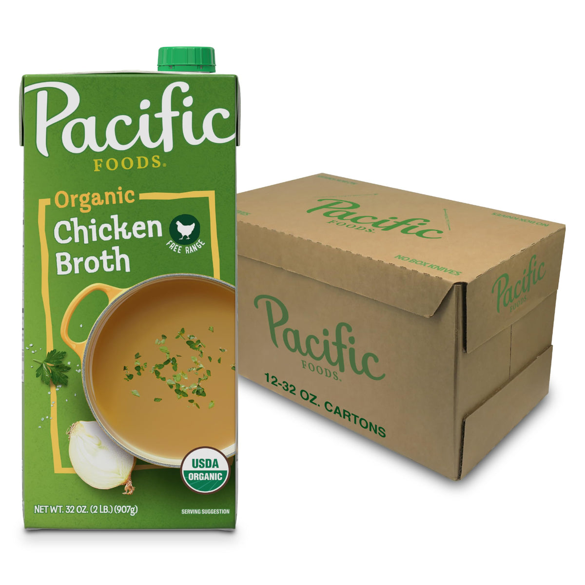 Pacific Foods organic free-range chicken broth carton on shelf, a versatile base for meals.