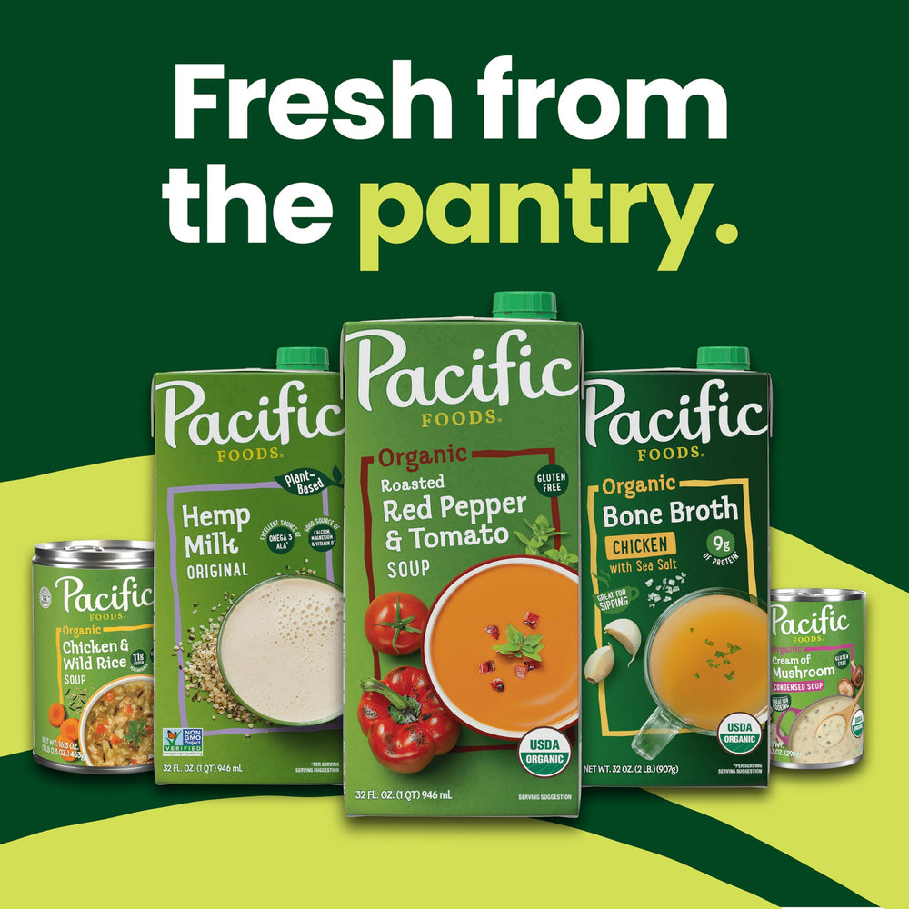 Pacific Foods broth kitchen-scene hints at weeknight meals and easy pantry staples.