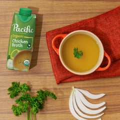Pacific Foods broth simmer-pot shows slow-simmered depth ideal for stews and nourishing bowls.