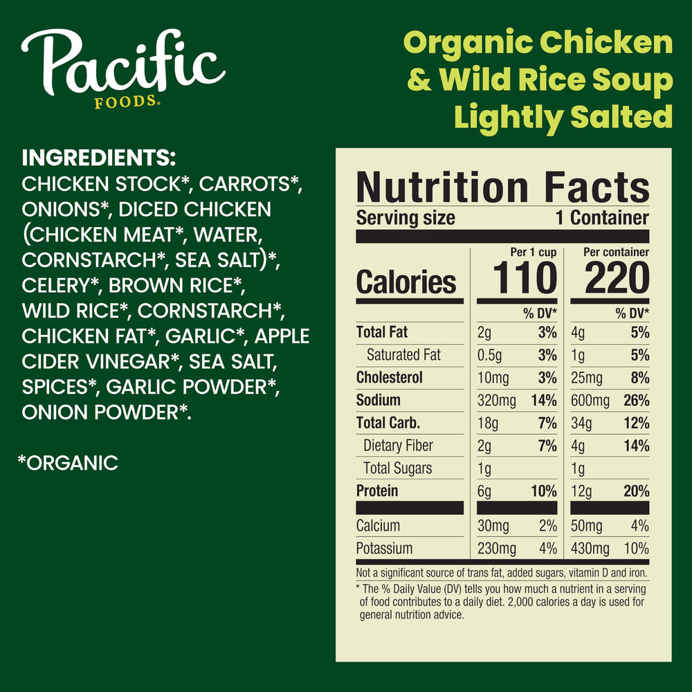 Pacific Foods Organic Lightly Salted Chicken and Wild Rice Soup ingredients image for wholesome meal