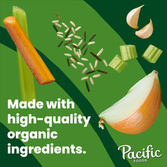 Pacific Foods Organic Chicken and Wild Rice Soup chunks image shows tender chicken for protein