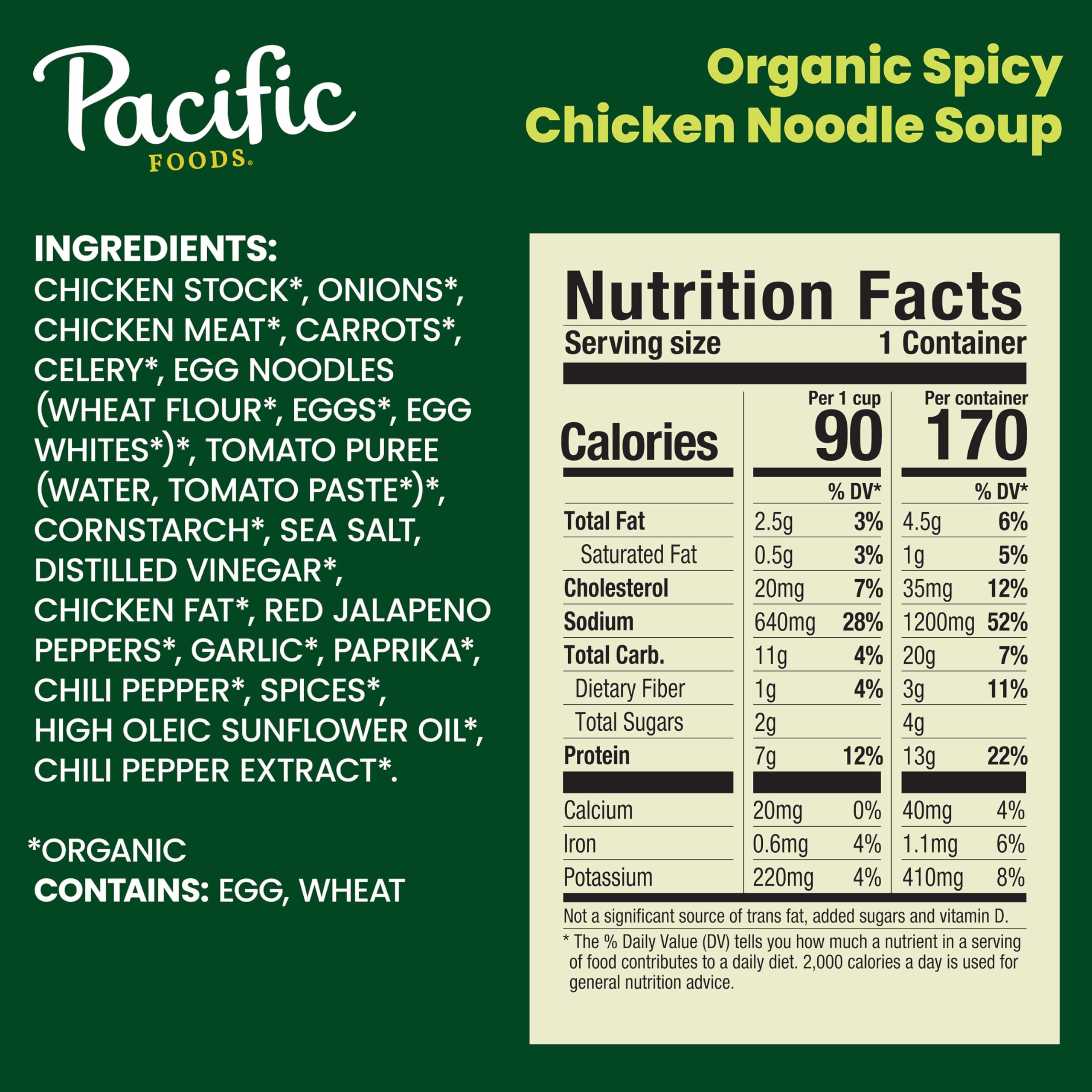 Pacific Foods organic ingredients displayed: chicken, noodles, carrots, celery, non-GMO