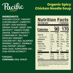 Pacific Foods organic ingredients displayed: chicken, noodles, carrots, celery, non-GMO