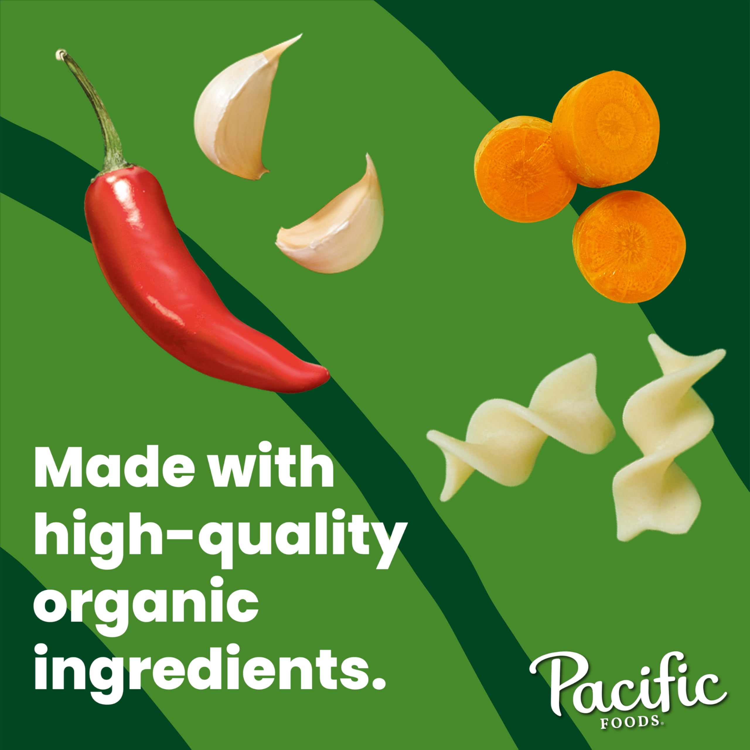 Pacific Foods Spicy Chicken Noodle Soup pouring into a bowl for a quick meal