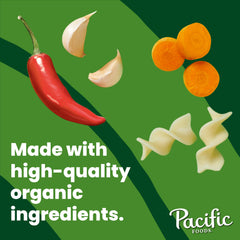 Pacific Foods Spicy Chicken Noodle Soup pouring into a bowl for a quick meal