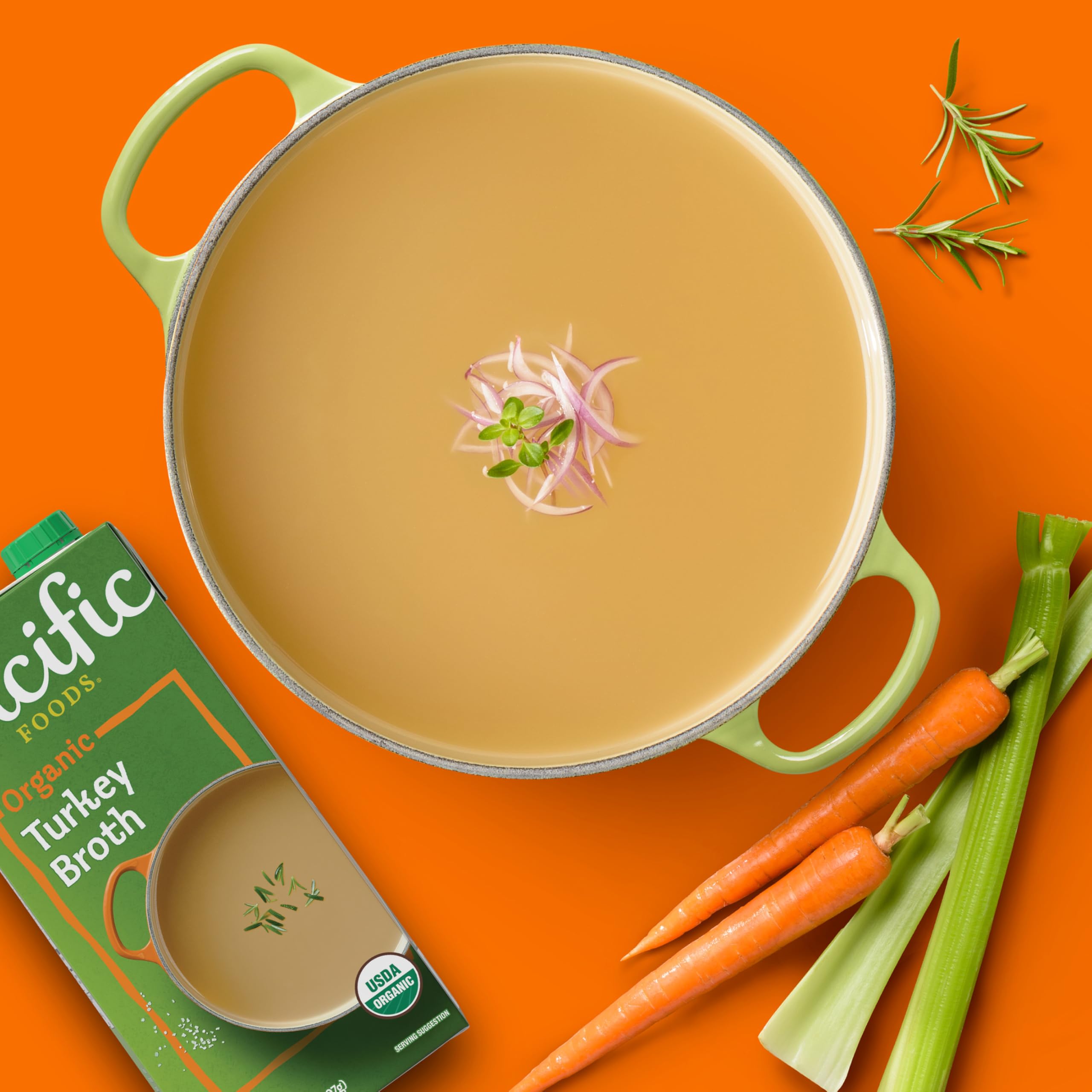 Steaming broth in a pot with Pacific Foods Organic Turkey Broth for flavor.