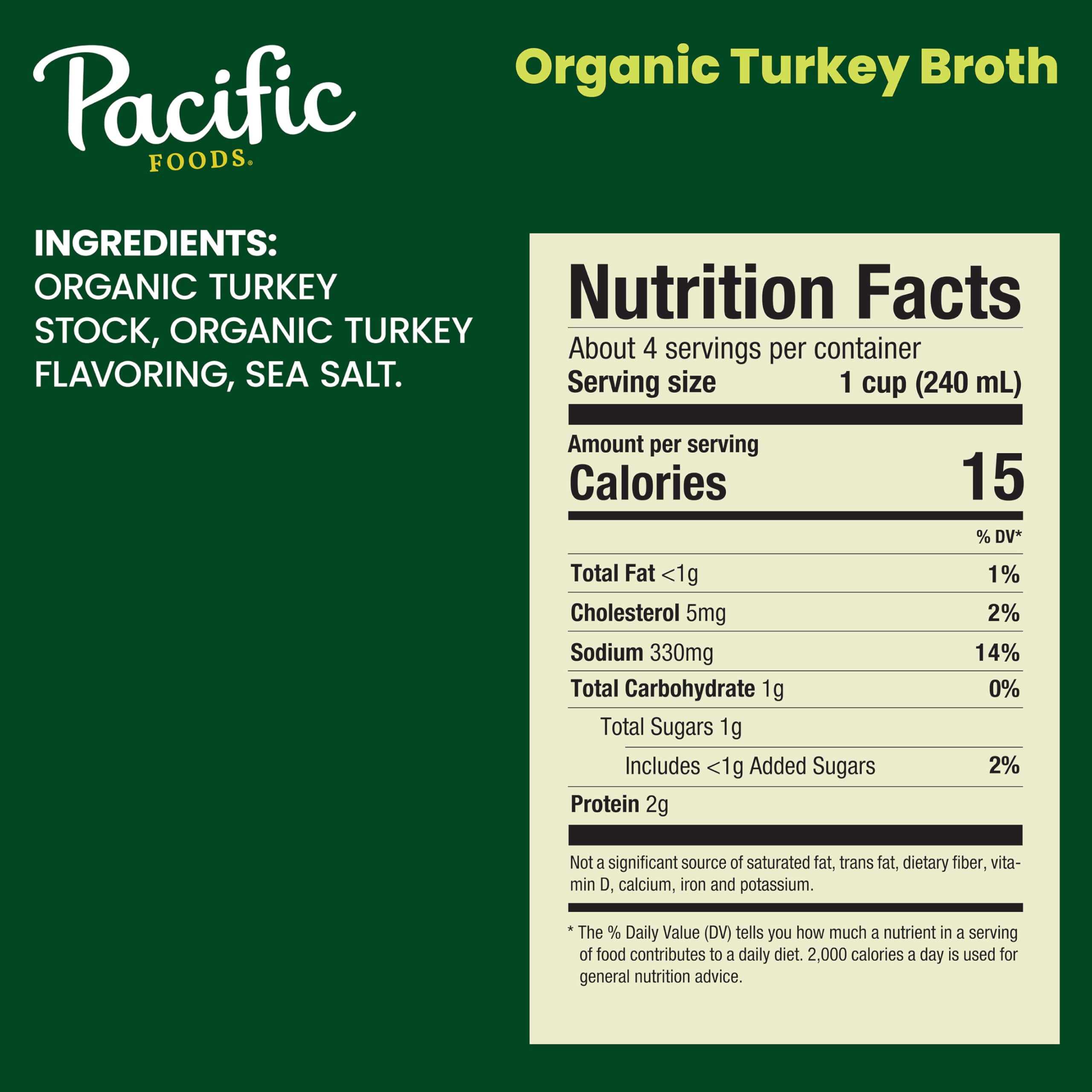 Side view of Pacific Foods Organic Turkey Broth carton ready for recipe prep.