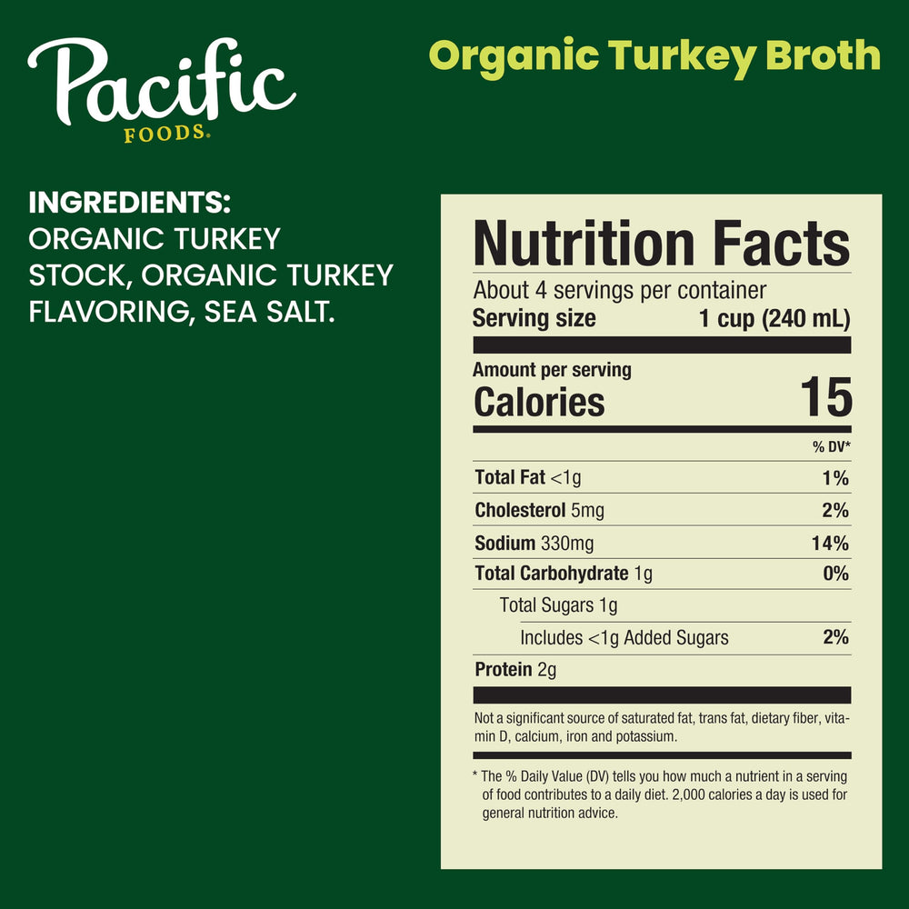 Side view of Pacific Foods Organic Turkey Broth carton ready for recipe prep.