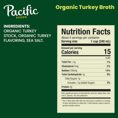 Side view of Pacific Foods Organic Turkey Broth carton ready for recipe prep.