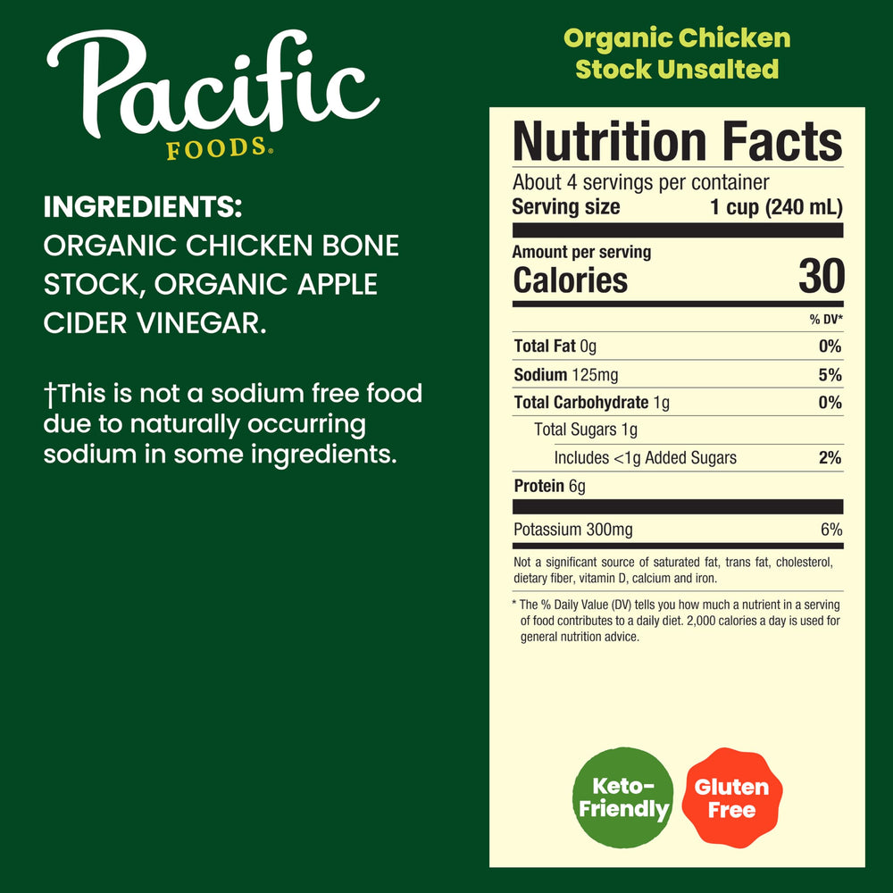 Pacific Foods Organic Unsalted Chicken Stock carton back with organic ingredients and nutrition