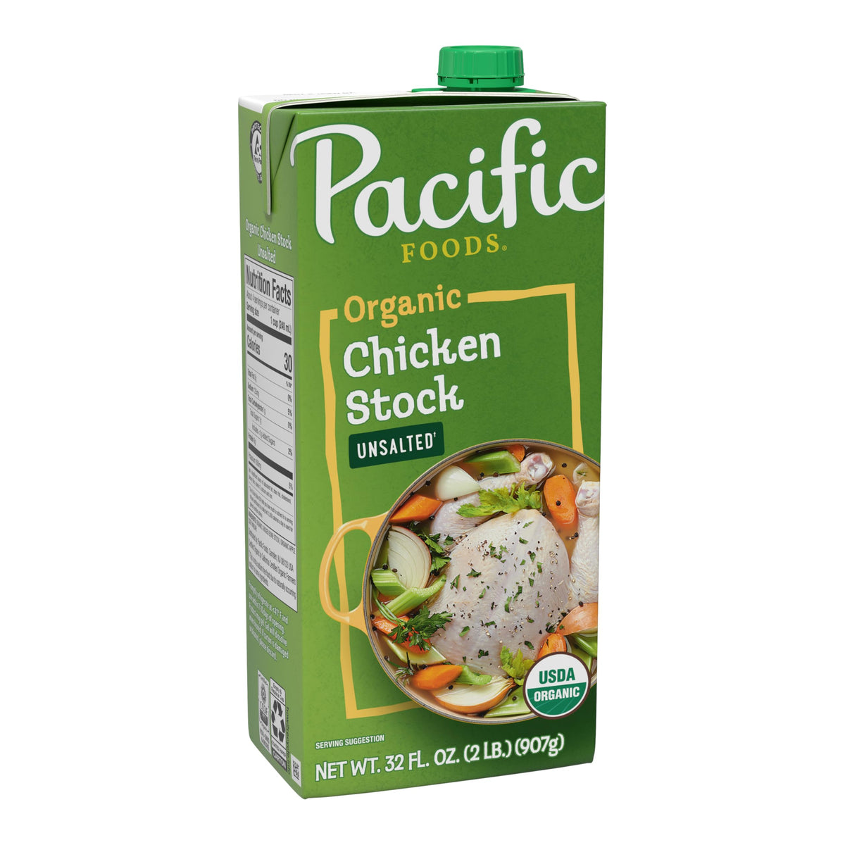 Pacific Foods Organic Unsalted Chicken Stock carton front view for a rich base in cooking