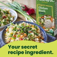 Close-up of the stock label highlighting non-GMO and gluten-free attributes