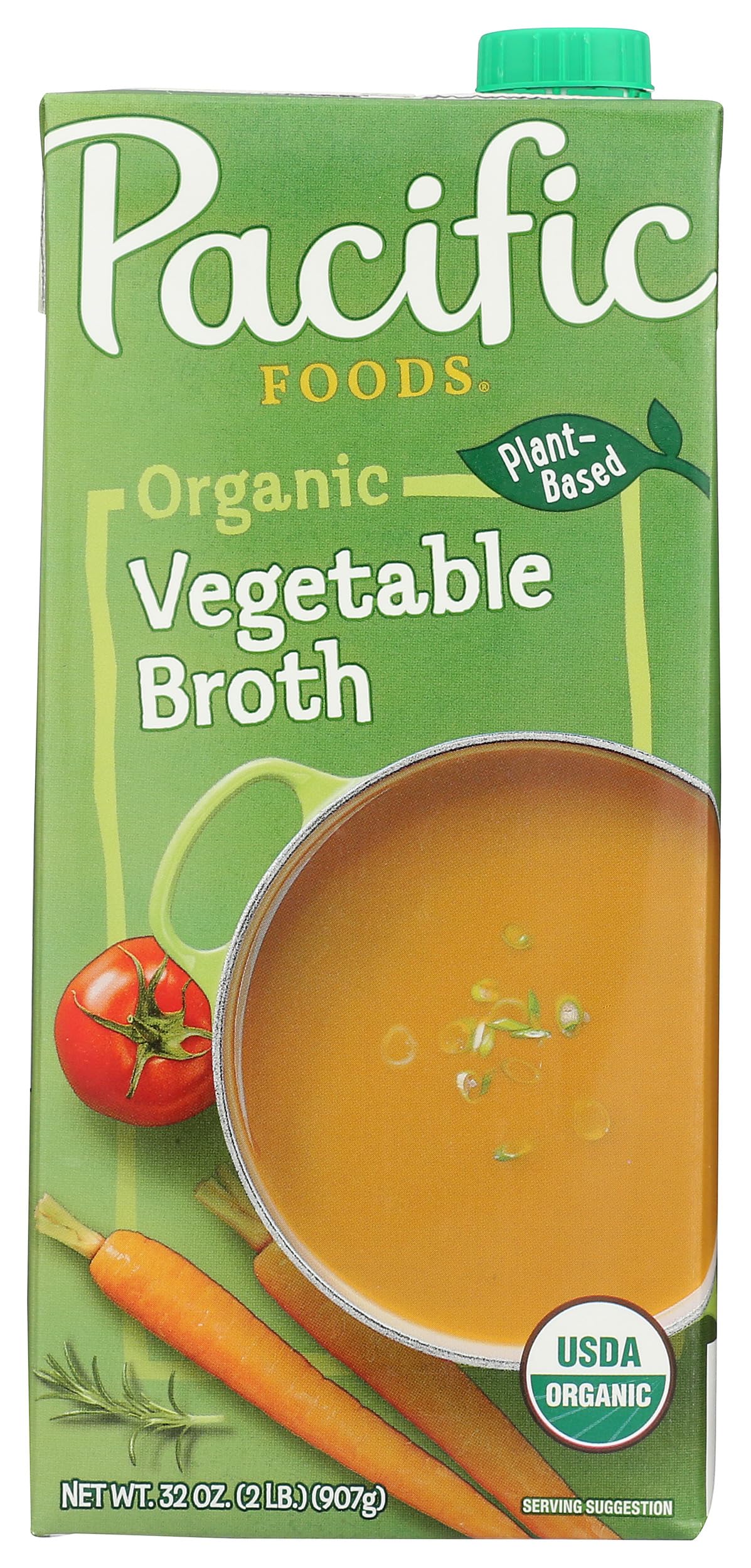 Pacific Foods Organic Vegetable Broth bottle shows garden-fresh flavor for soups and side dishes.
