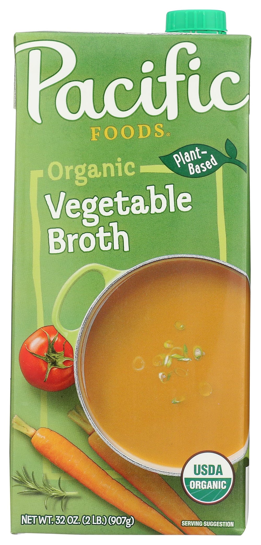 Pacific Foods Organic Vegetable Broth bottle shows garden-fresh flavor for soups and side dishes.