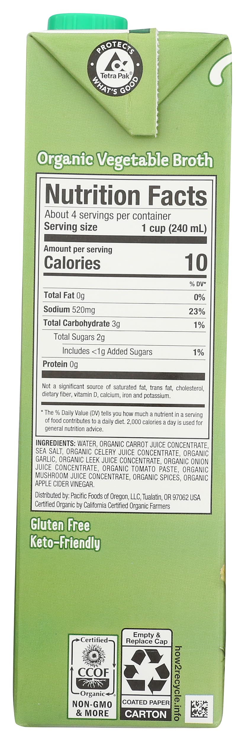 Pacific Foods Organic Vegetable Broth label shows organic certification and clean ingredients.
