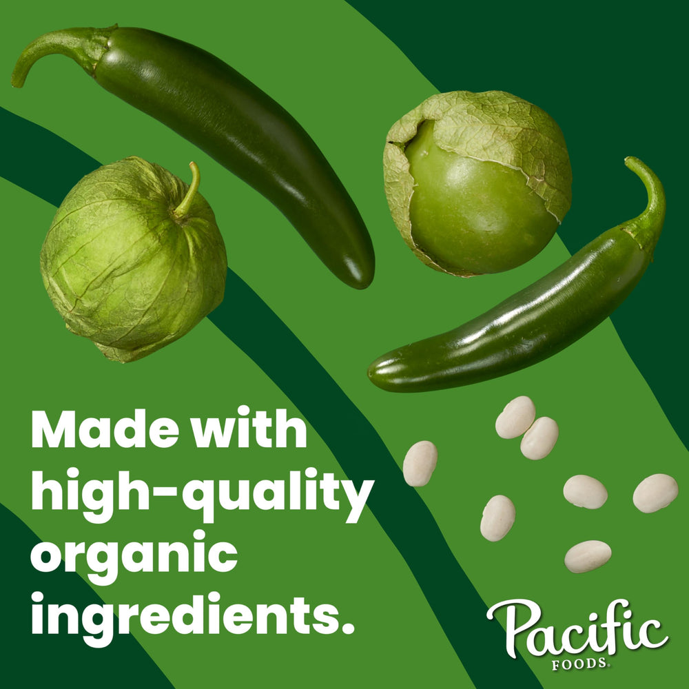 Pacific Foods Organic White Bean Verde Chili bowl ready to enjoy with toppings.