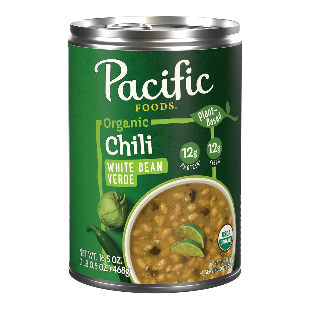 Pacific Foods Organic White Bean Verde Chili can ready to heat for quick meals.