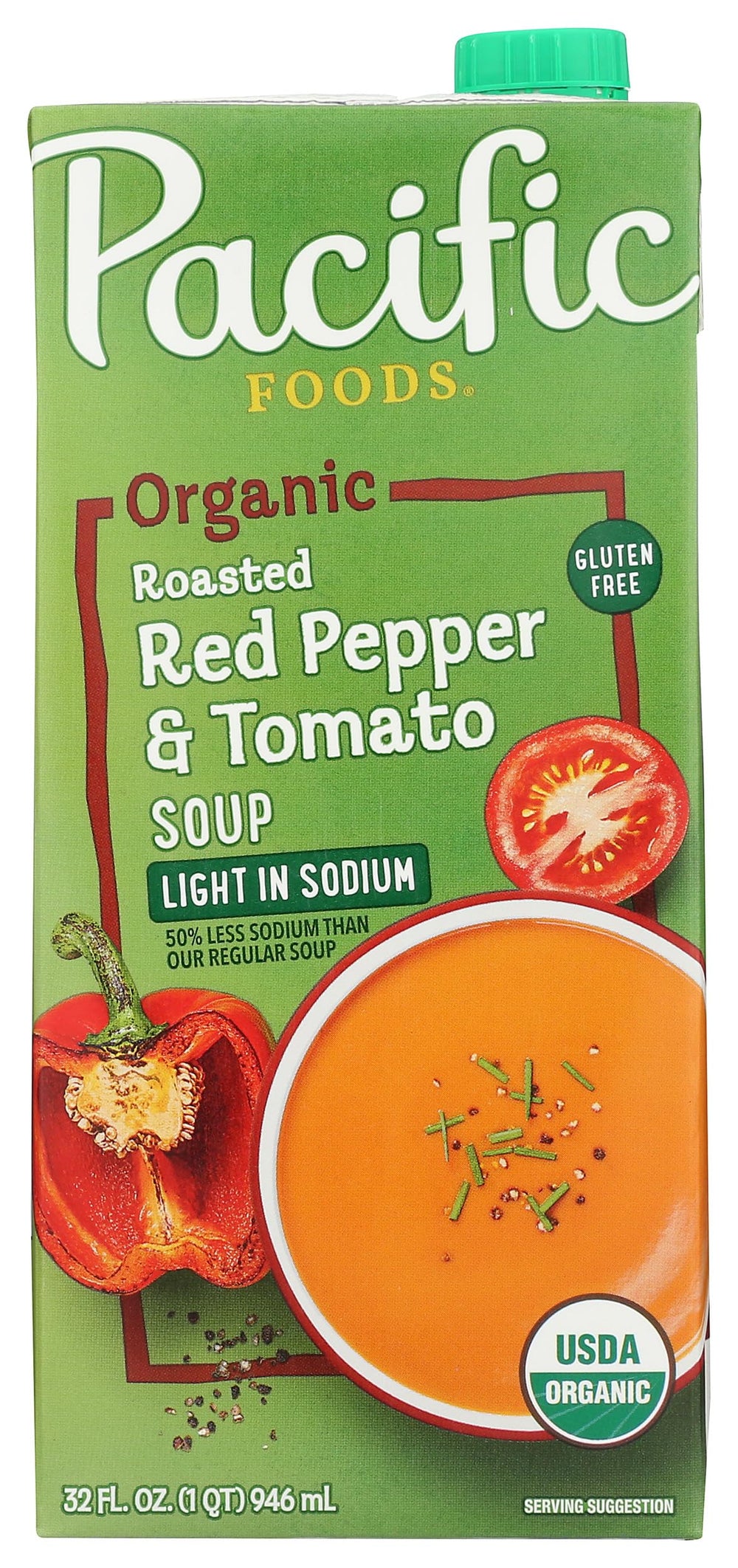 Pacific Foods organic red pepper tomato soup carton on kitchen counter, convenient meal starter