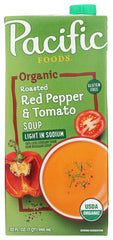 Pacific Foods organic red pepper tomato soup carton on kitchen counter, convenient meal starter