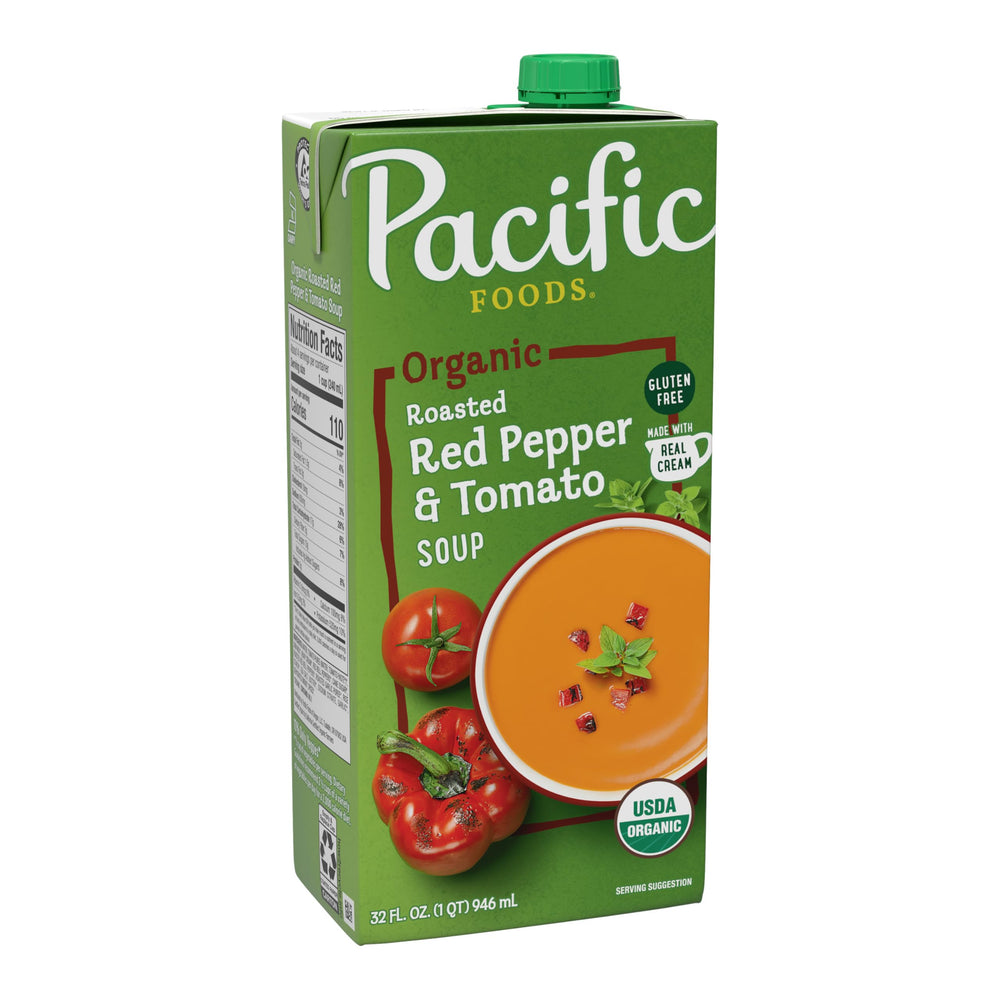 Pacific Foods Roasted Pepper & Tomato Soup carton shows creamy organic ingredients