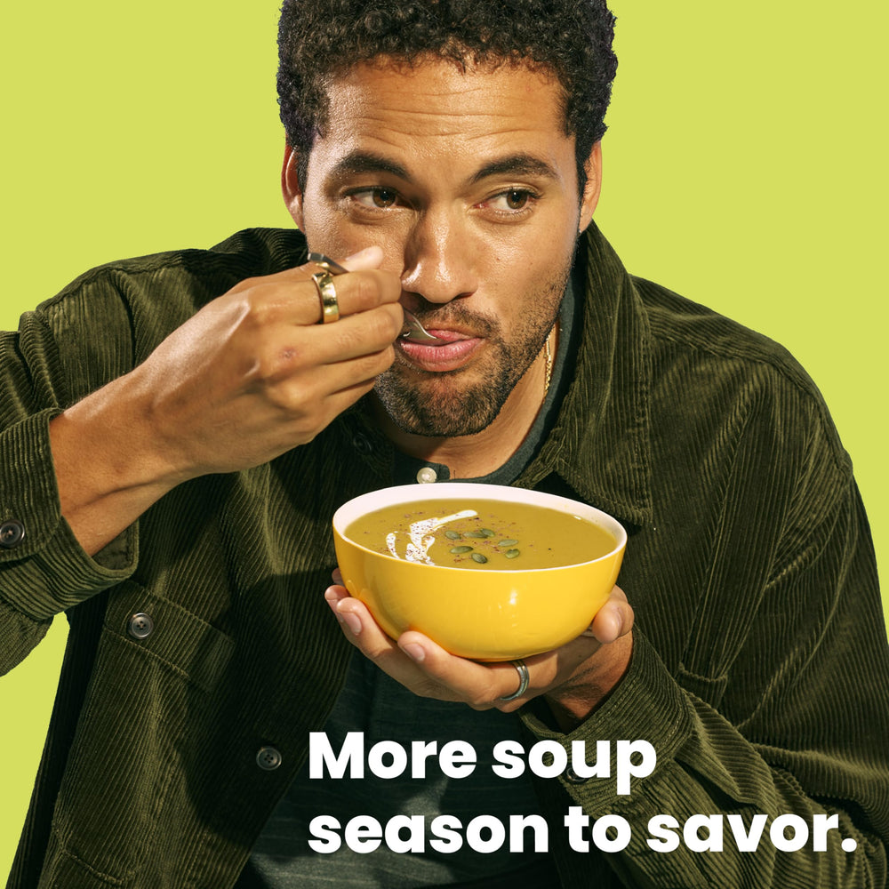 Pacific Foods soup with cinnamon and nutmeg enhances natural sweetness in a bowl.