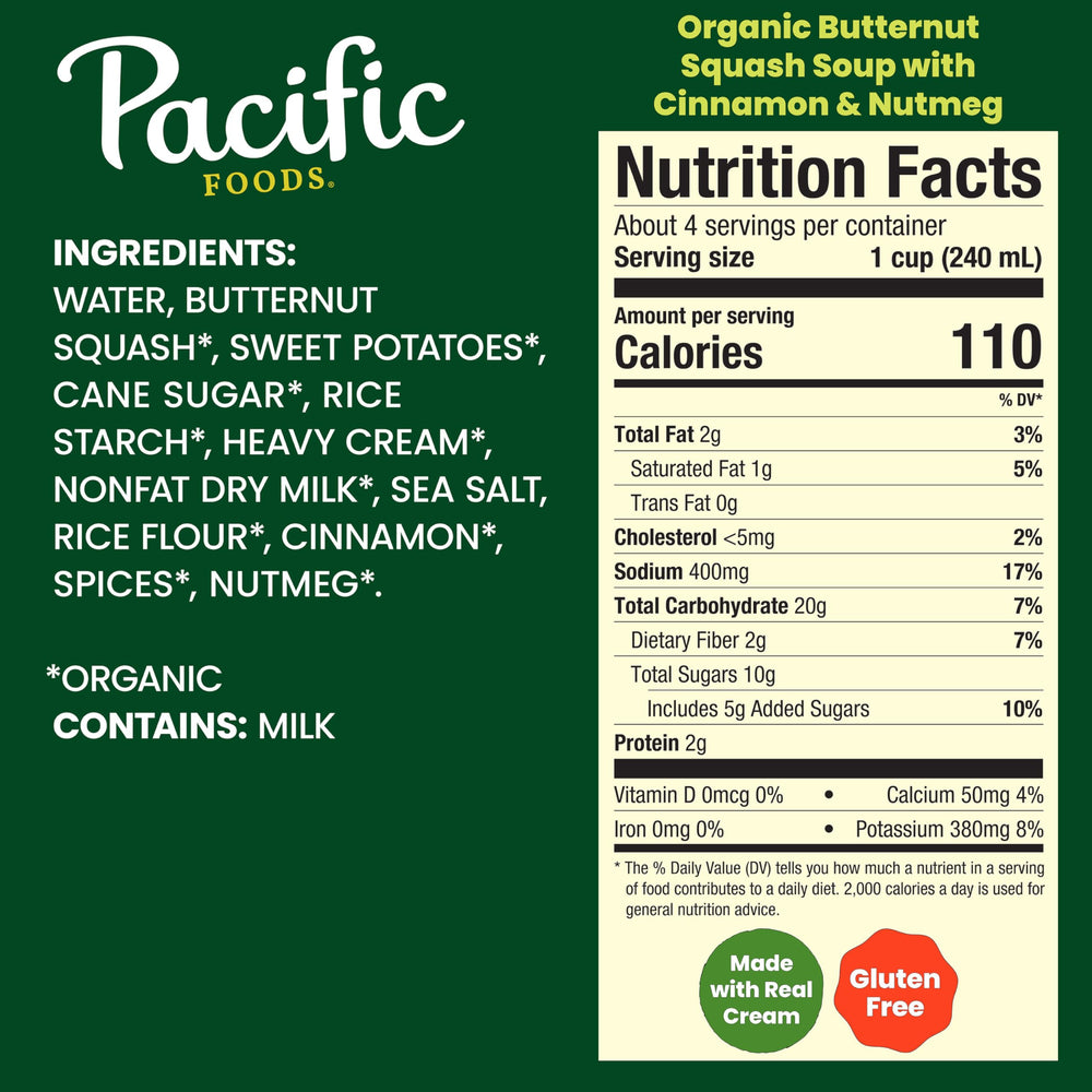 Pacific Foods Butternut Squash Soup being poured into a bowl for quick comforting meal.