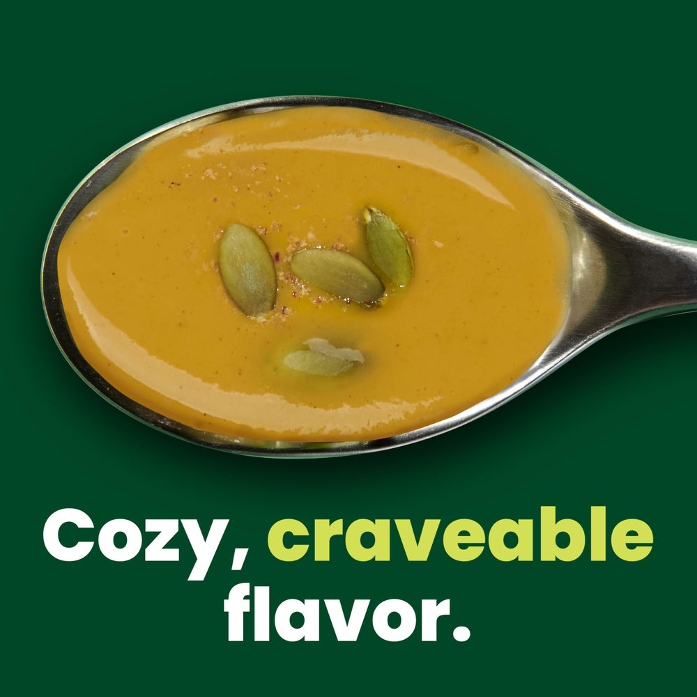 Pacific Foods soup topped with seeds or herbs; quick vegetarian snack.
