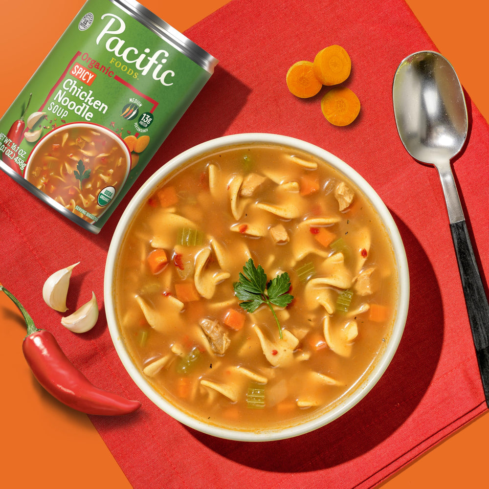 Pacific Foods label close-up highlights organic chicken and jalapeño heat