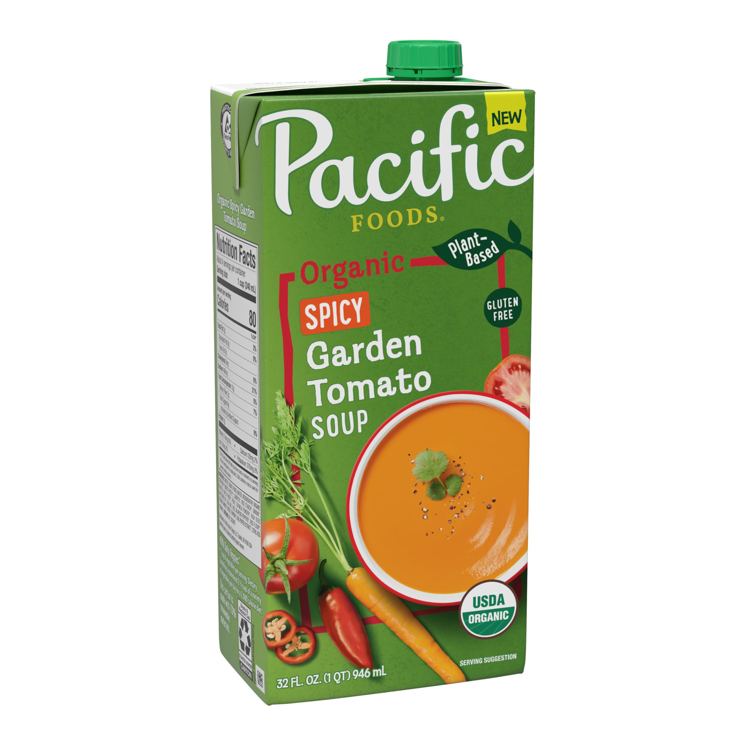 Pacific Foods Spicy Garden Tomato Soup carton front view, ready to heat for a bold vegan meal.
