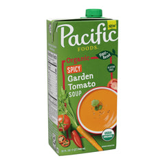 Pacific Foods Spicy Garden Tomato Soup carton front view, ready to heat for a bold vegan meal.