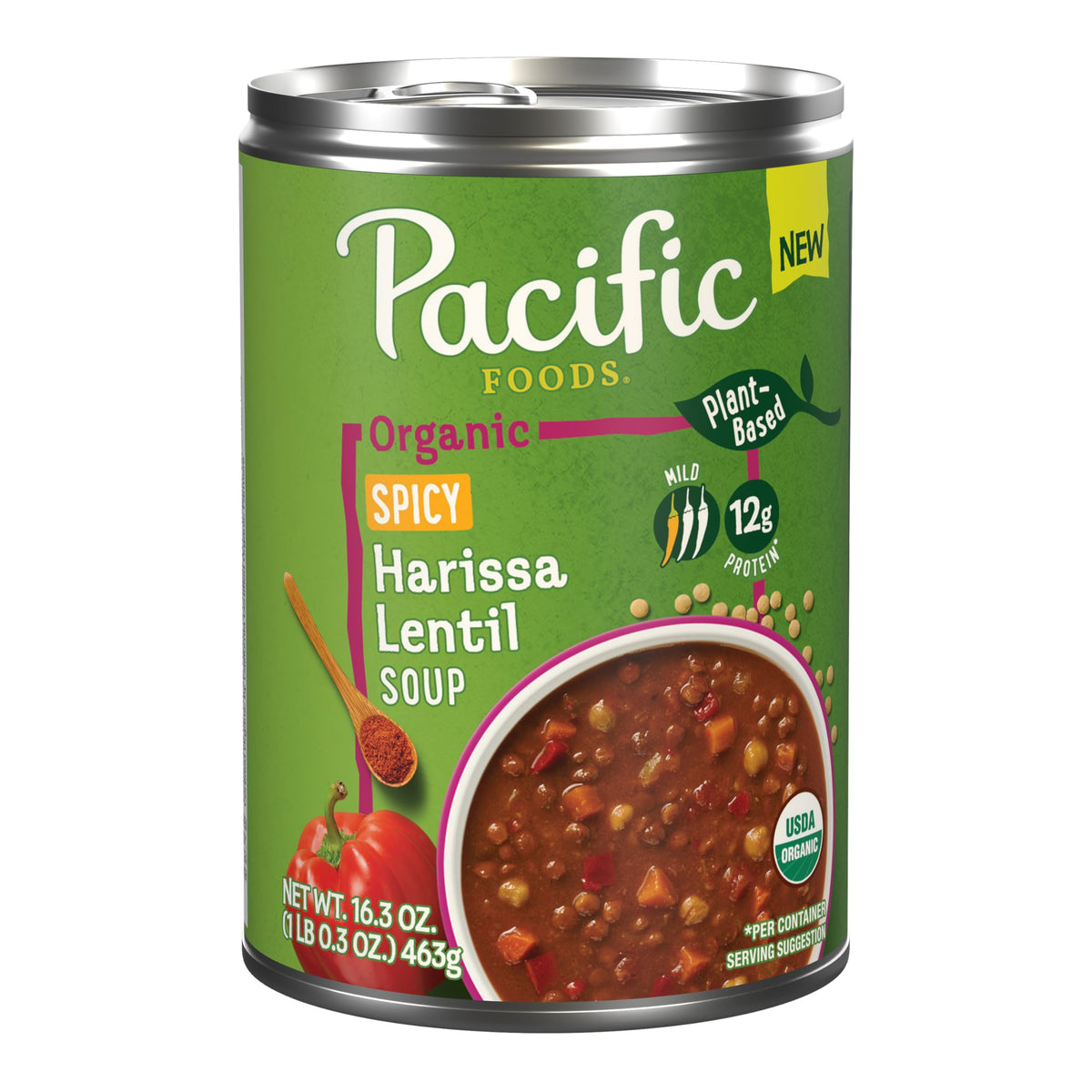 Pacific Foods Organic Spicy Harissa Lentil Soup can on table for a quick plant-based meal