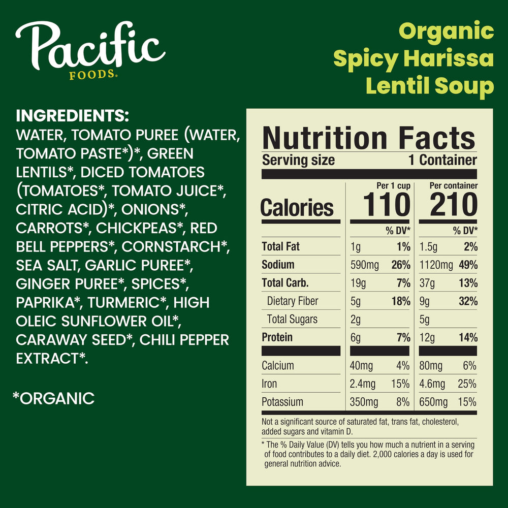 Ingredients close-up of Pacific Foods Harissa Lentil Soup with organic components