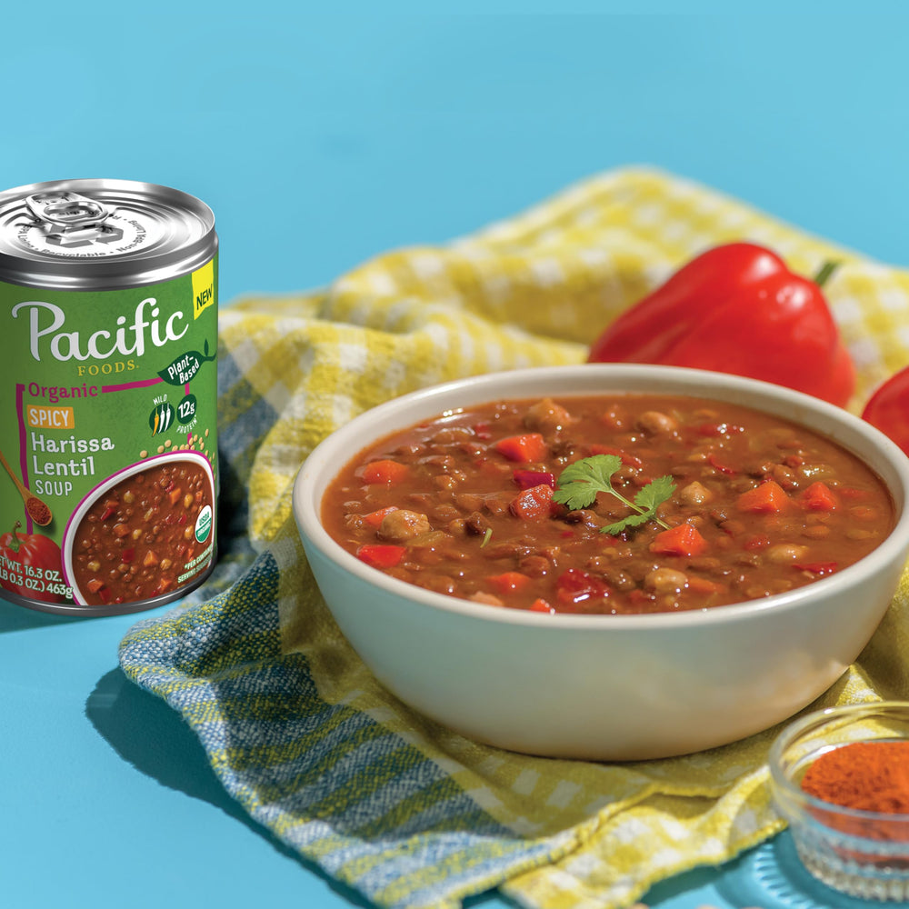Can of Pacific Foods Harissa Lentil Soup highlighting organic and non-GMO qualities