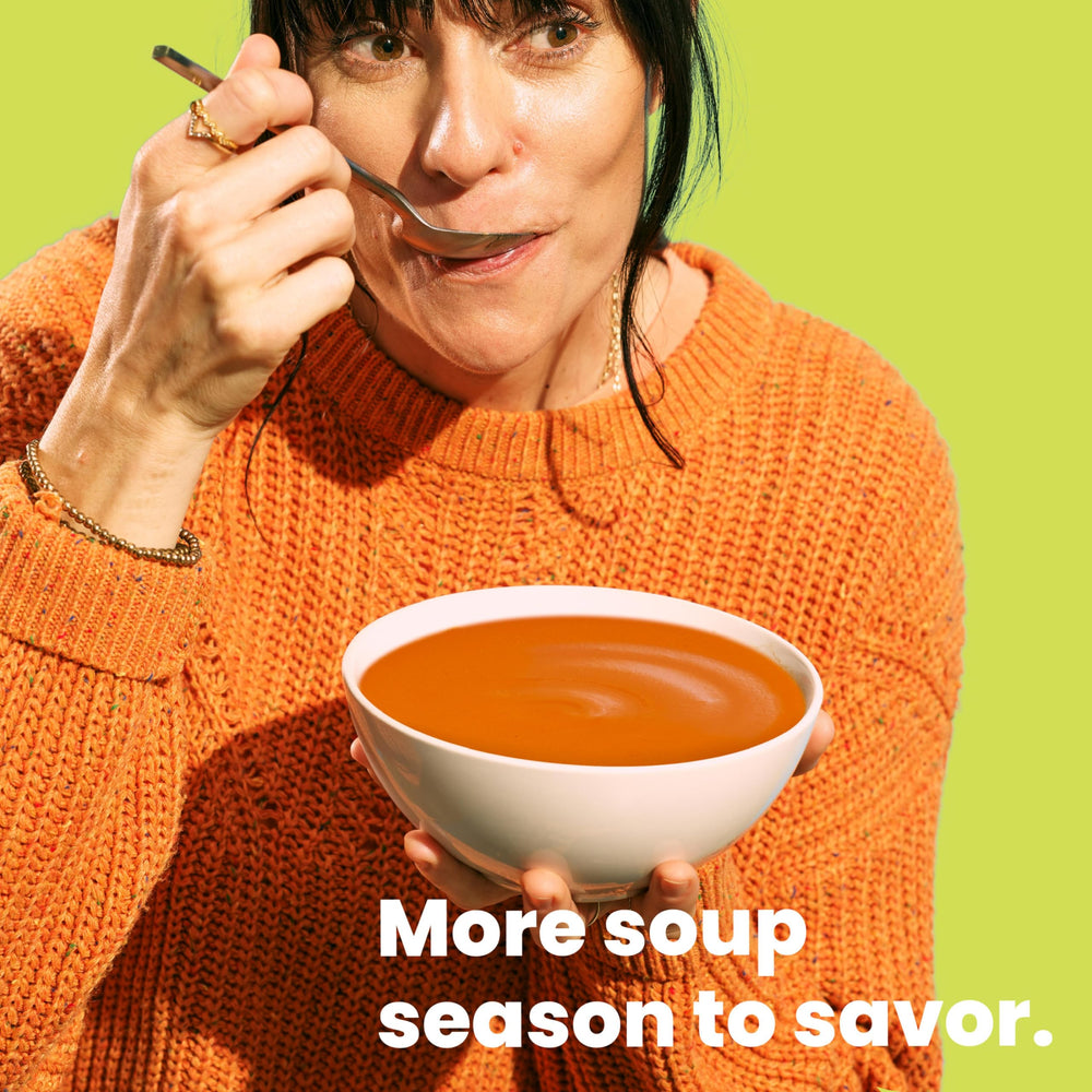 Pacific Foods tomato soup served in a bowl with croutons for a comforting lunch.