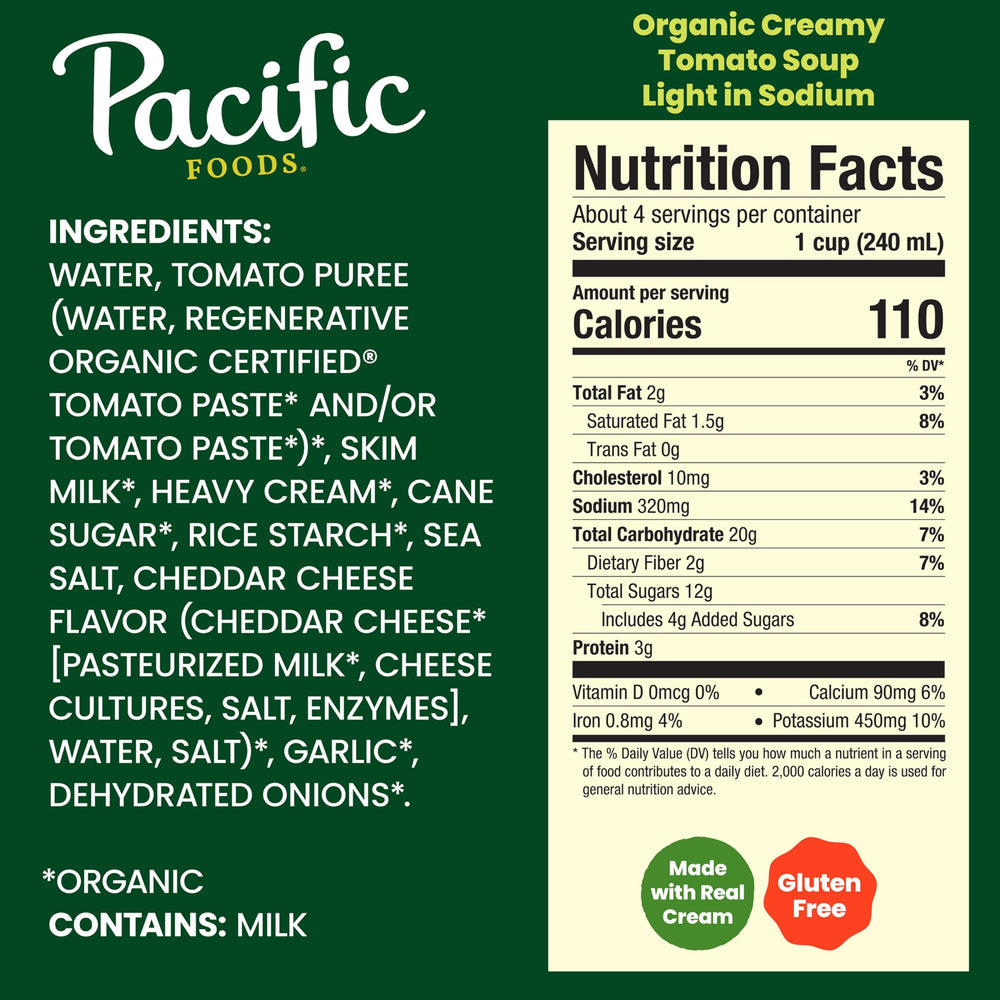 Pacific Foods tomato soup being poured into a bowl for a cozy meal.