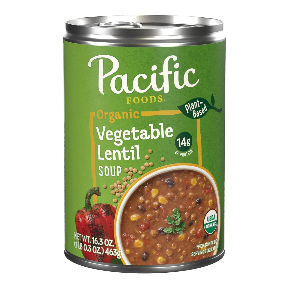 Pacific Foods Vegetable Lentil Soup can on shelf, protein-rich plant-based meal.