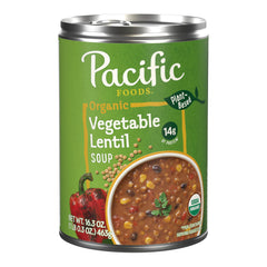 Pacific Foods Vegetable Lentil Soup can on shelf, protein-rich plant-based meal.