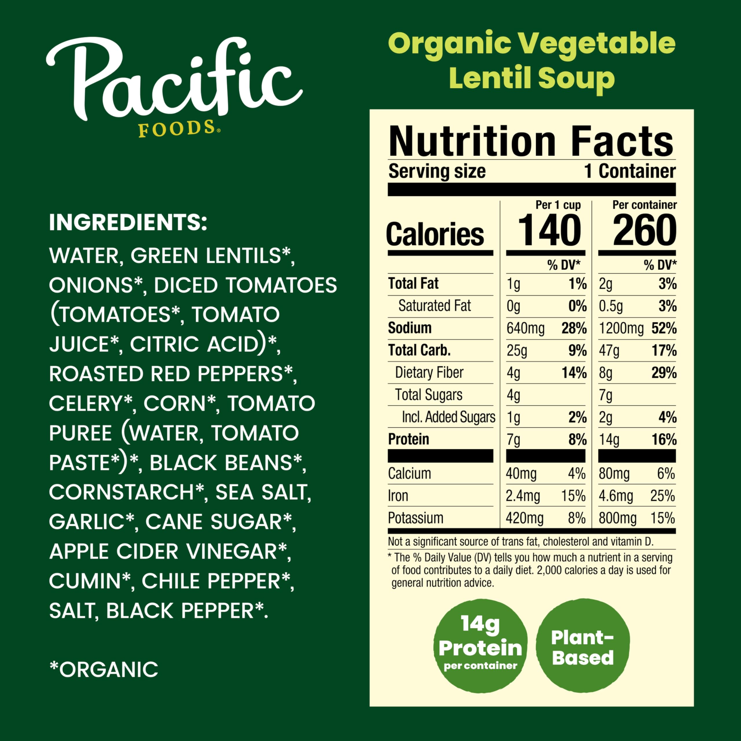 Pacific Foods Vegetable Lentil Soup ingredients highlight lentils and vegetables.