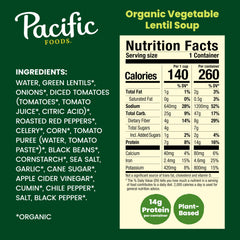 Pacific Foods Vegetable Lentil Soup ingredients highlight lentils and vegetables.