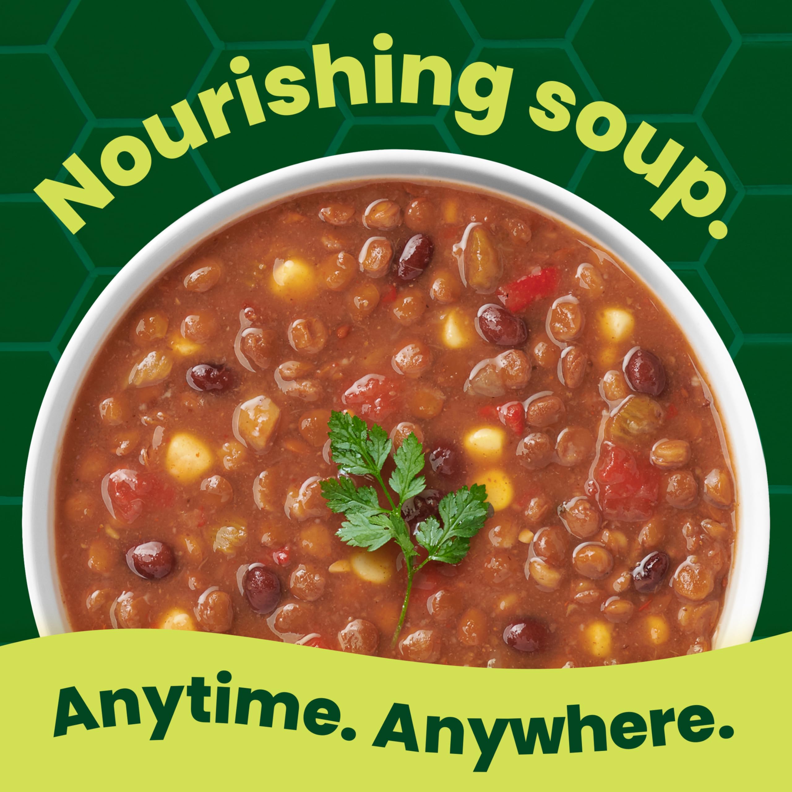 Pacific Foods Vegetable Lentil Soup microwaved in a bowl, ready in minutes.