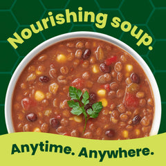 Pacific Foods Vegetable Lentil Soup microwaved in a bowl, ready in minutes.