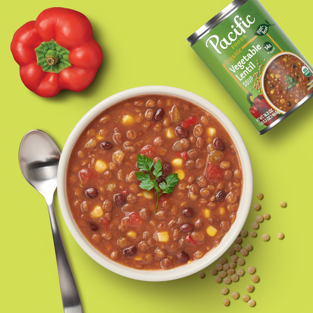 Pacific Foods Vegetable Lentil Soup served in a bowl, hearty plant-based option.